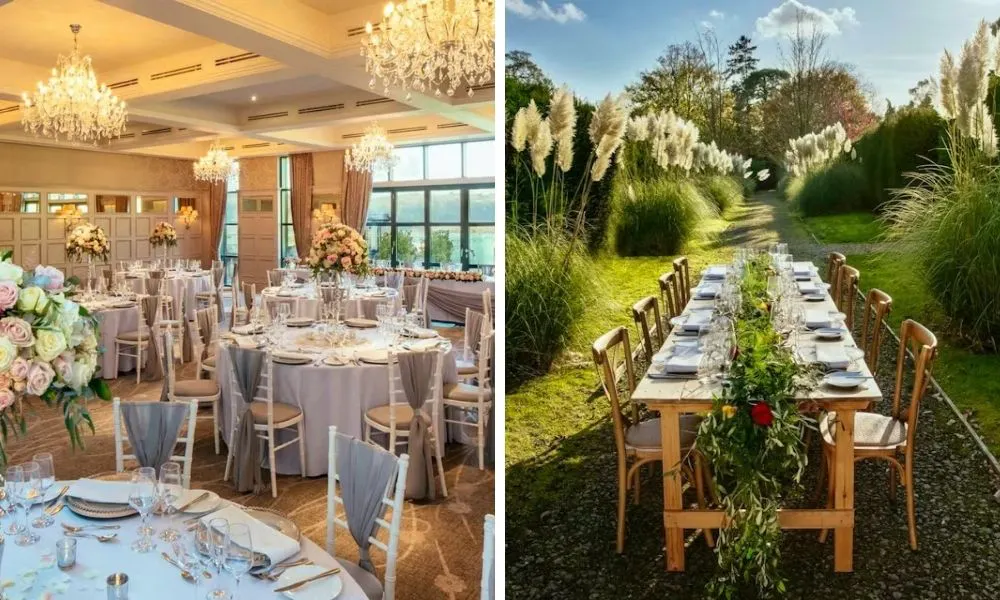 wedding breakfast with flowers and chandeliers and banquet table outside