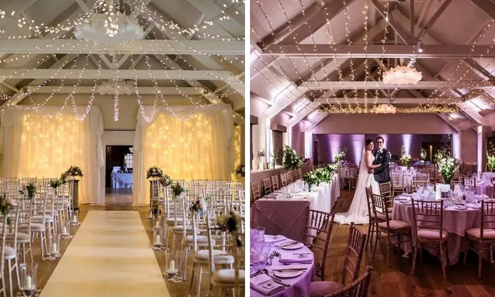 wedding aisle with fairy lights and wedding breakfast