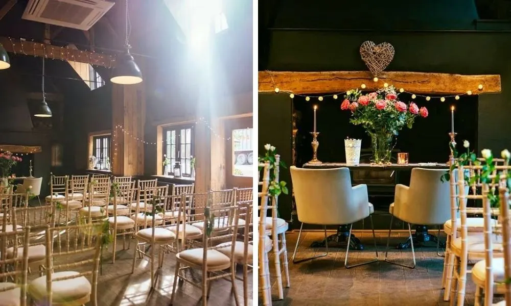 wedding ceremony with fairy lights and wooden beams