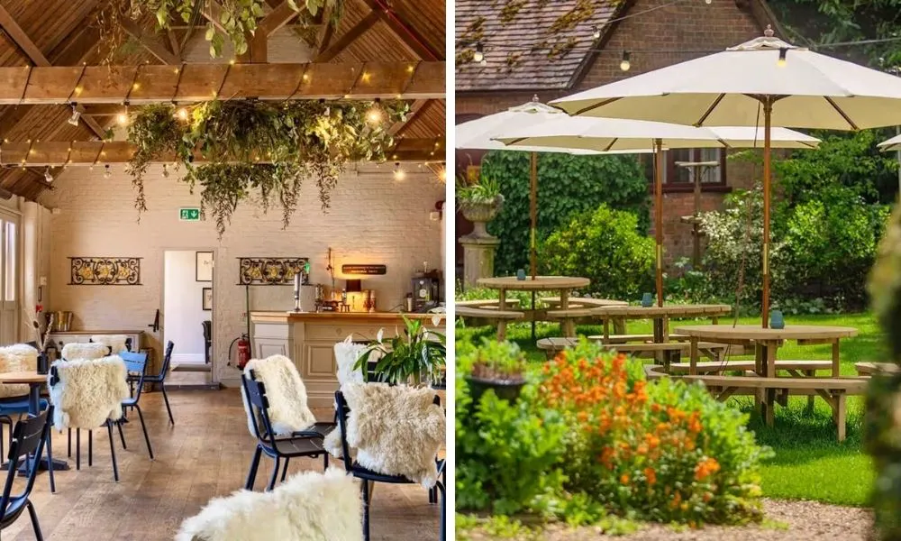 dining room with wooden beams and white fur rugs and outdoor beer garden