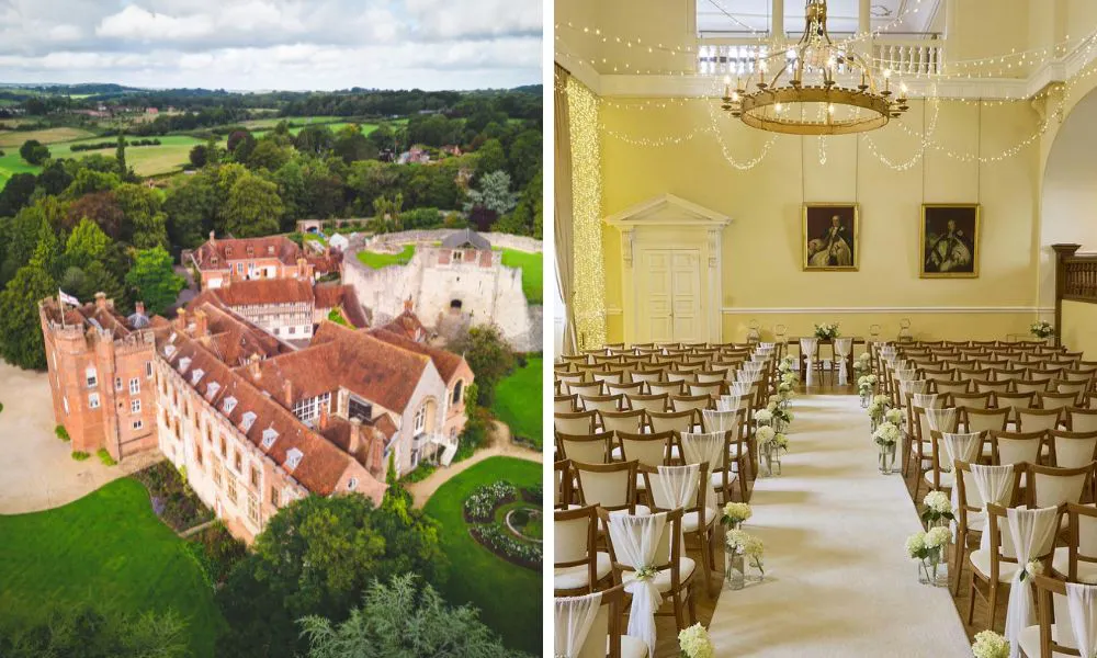 Castle exteriors and a room set up for a wedding ceremony