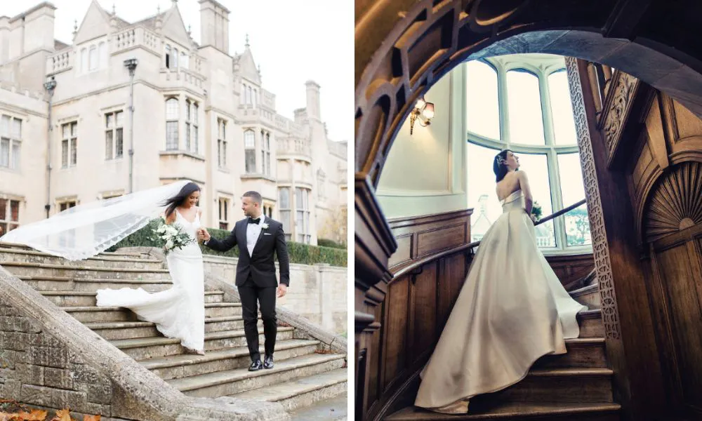 bride and groom outside a lavish country house, and a bride walking up a spiral staircase