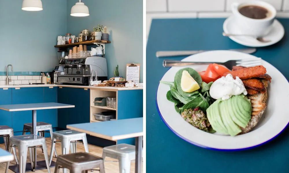 cafe with blue decor and poached eggs with avocado