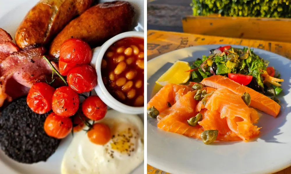 fried breakfast and smoked salmon with salad