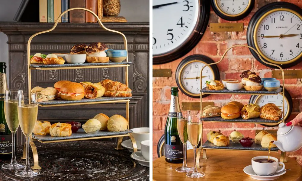 tiered stands of afternoon tea cakes and scones