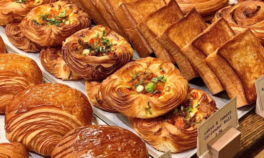 pastries on display with labels