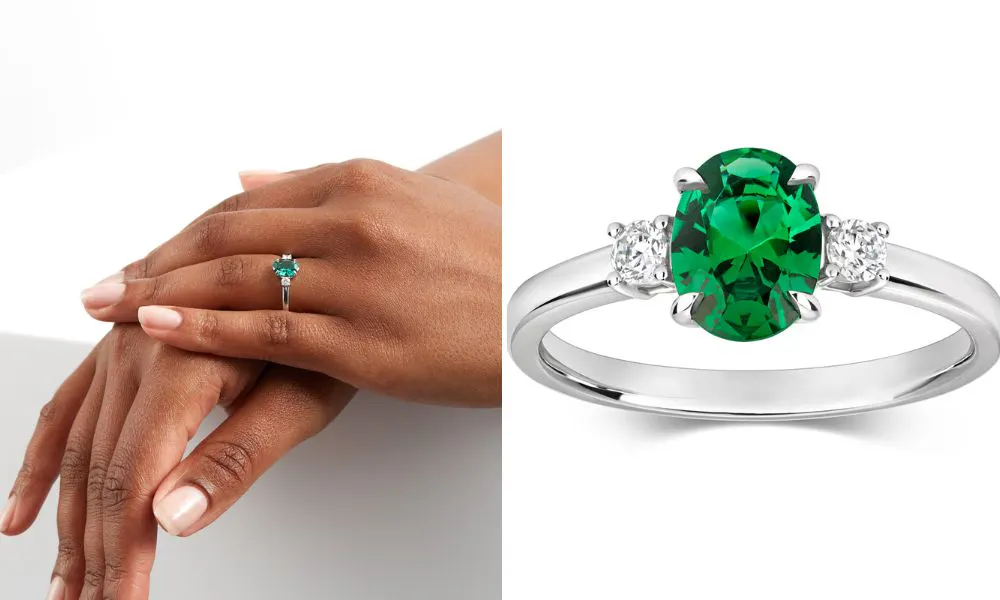 Oval Cut Emerald and Diamond Engagement Ring