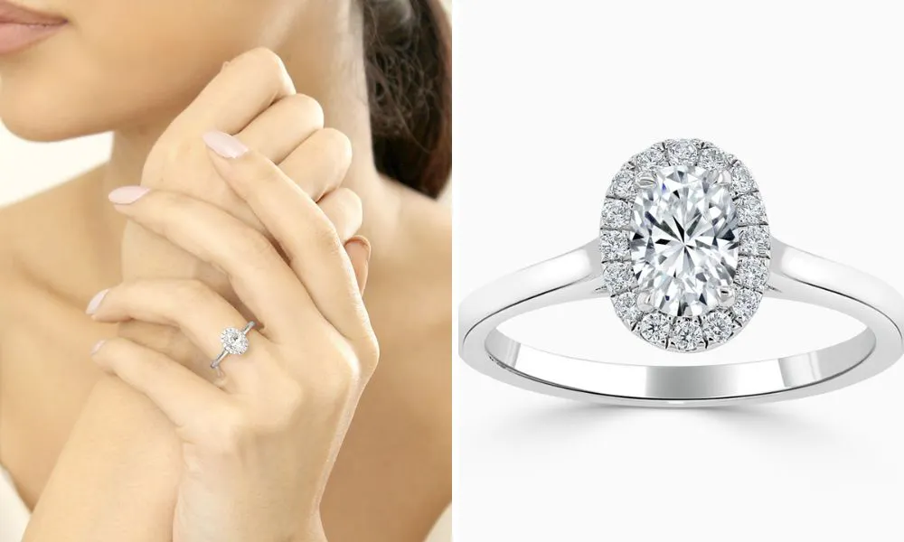 Platinum Oval Shape Classic Plain Halo Engagement Ring