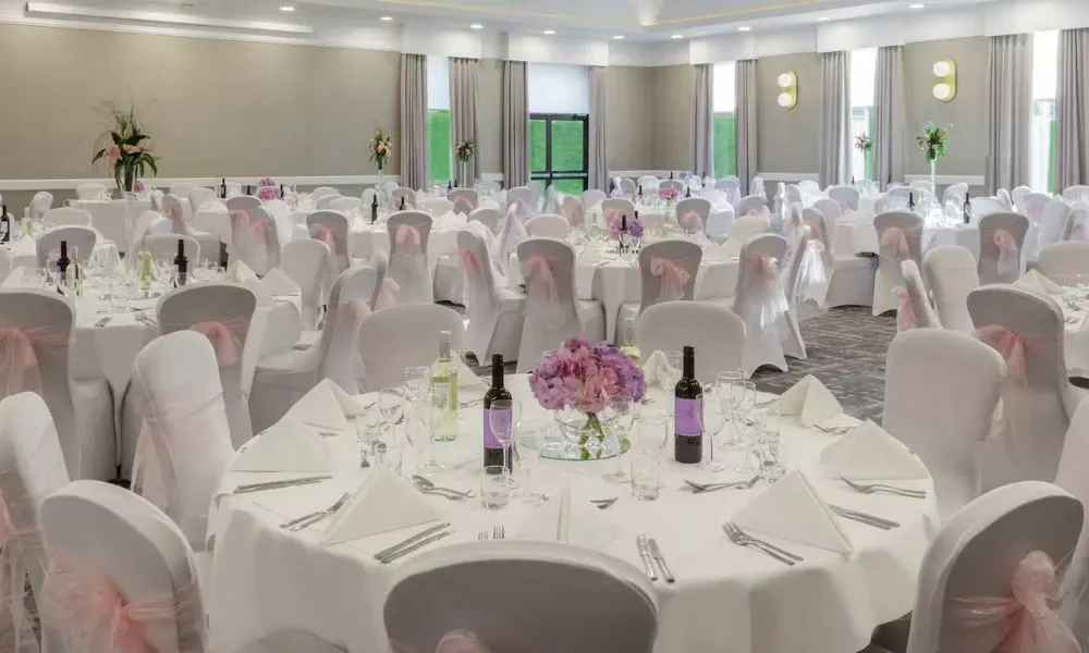 hotel ballroom set up for a wedding breakfast
