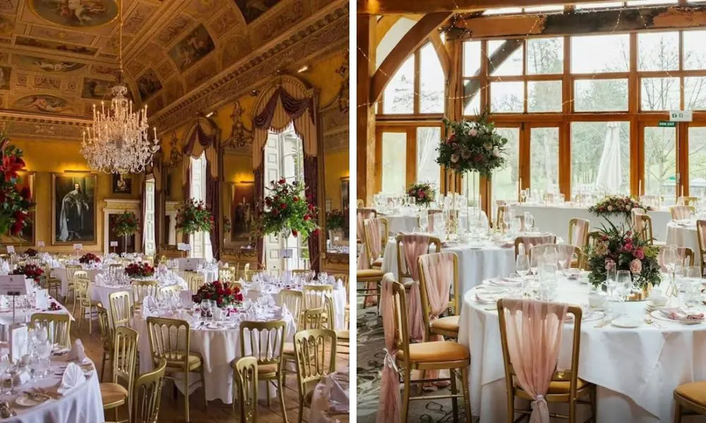 grand wedding venue with tables and chandeliers