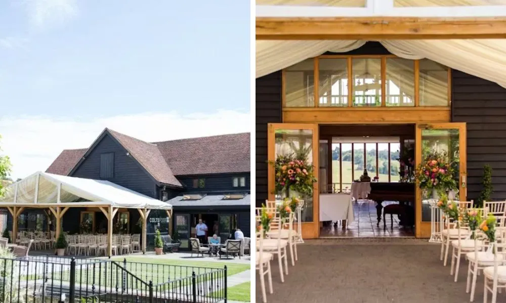 wedding venue with marquee and aisle with white chairs