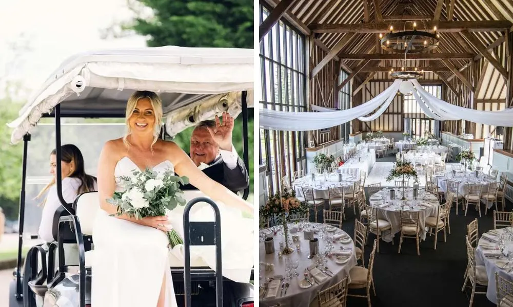 bride on a golf buggy and wedding breakfast in barn