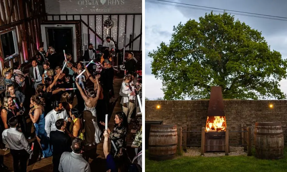 wedding guests on the dancefloor and a firepit in a garden