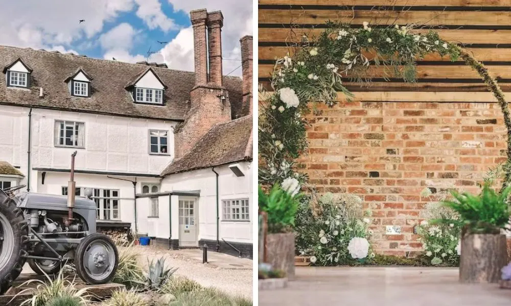 wedding venue with old school car and circle at top of wedding aisle