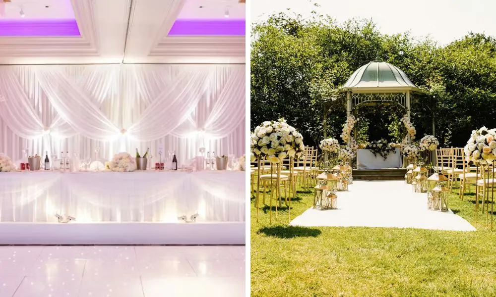 wedding top table and outdoor aisle with flowers