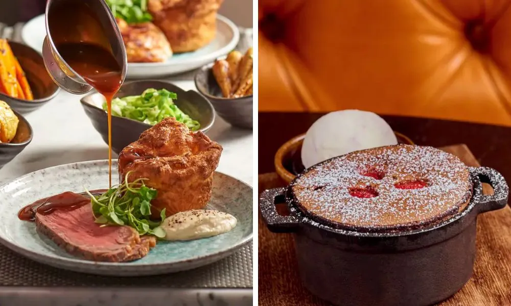 beef roast with gravy and dessert with icing sugar