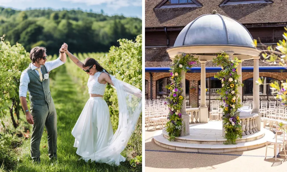 bride and groom in a vineyard setting with pergola