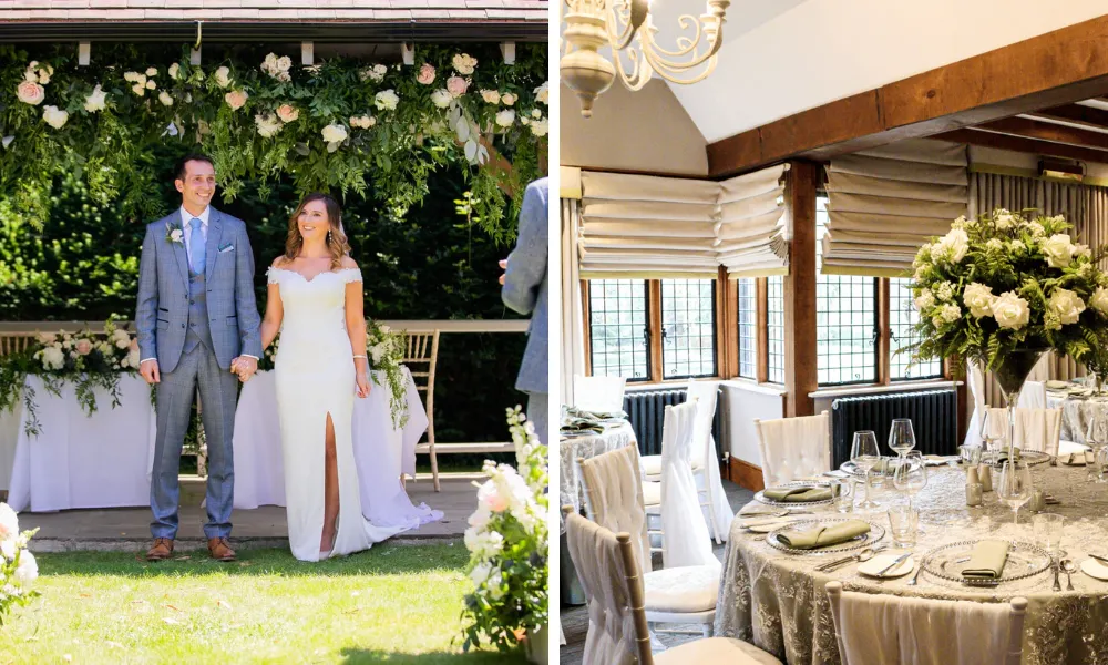 Bride and groom at ceremony and tudor dining room