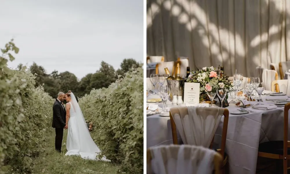 Vineyards and wedding table decor at Denbies Wine Estate