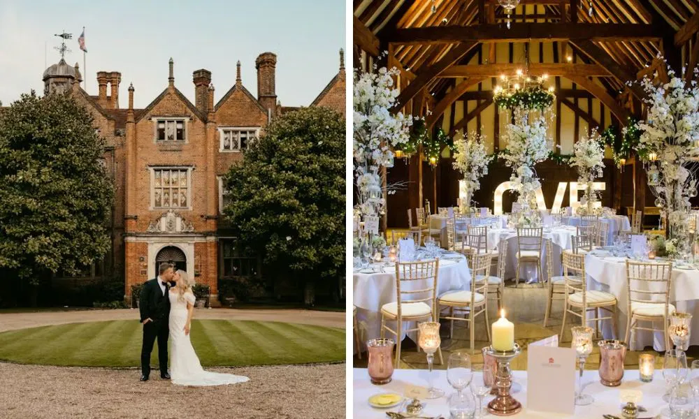 couple kissing outside wedding venue and wedding breakfast with LOVE sign