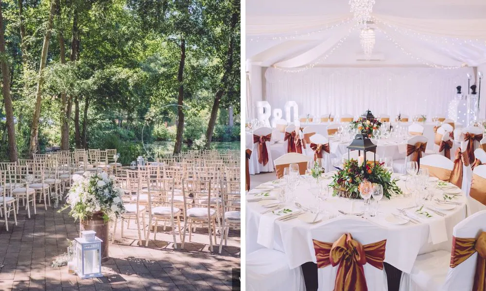 aisle by the lake and wedding breakfast tables