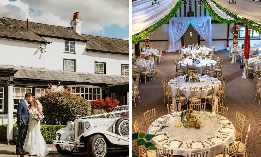 couple kissing with wedding car and wedding breakfast