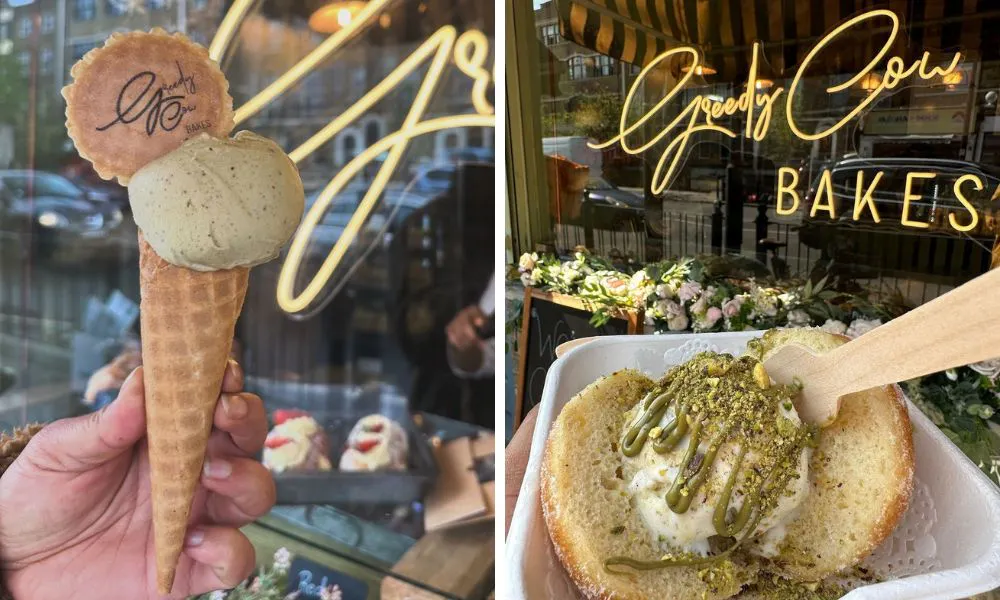 pistachio ice cream cone (left), pistachio ice cream filled doughnut (right)