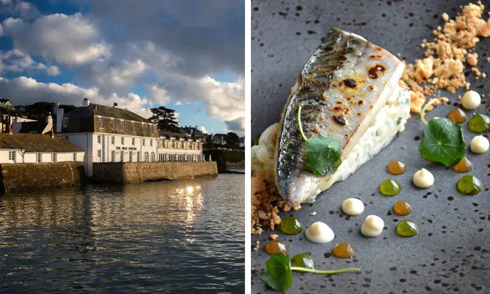 The hotel front and fish dish