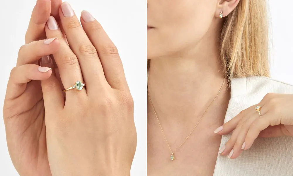 Goldsmiths - 18ct Yellow Gold Green Amethyst & 0.11ct Diamond Ring