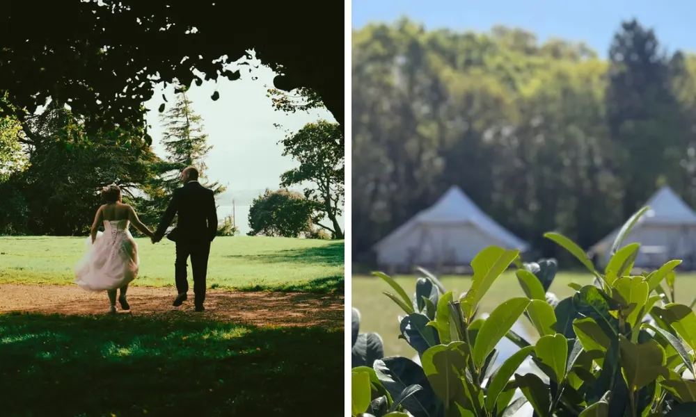 couple in woodland at bell tent glamping