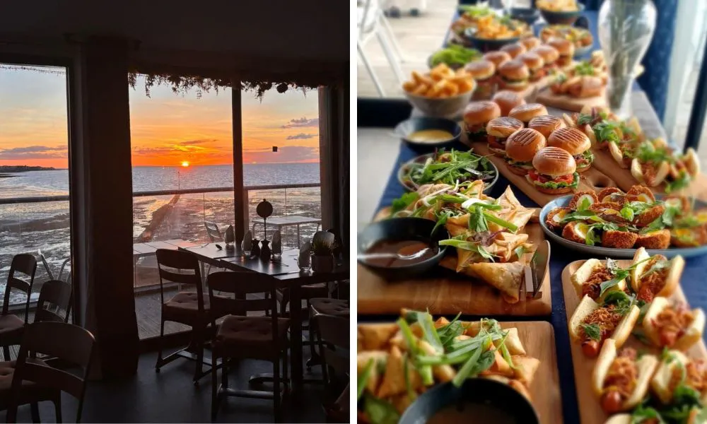 sunset view from a restaurant and canapes with burgers and hot dogs