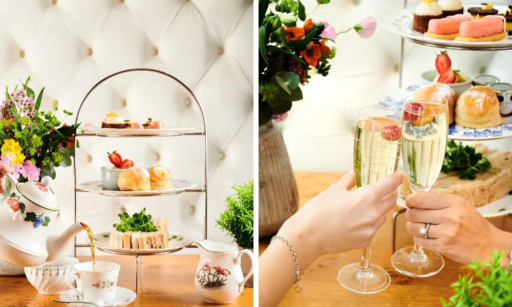 a stand of afternoon tea cakes and sandwiches and glasses of prosecco