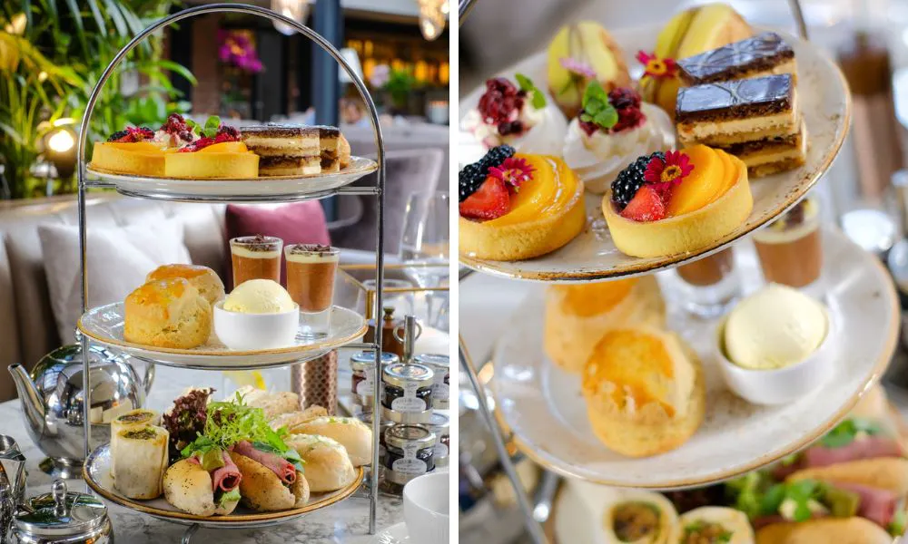 afternoon tea stands of cakes, sandwiches and scones