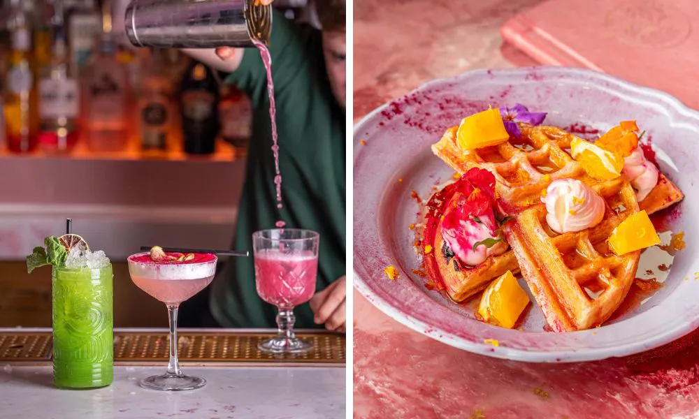 pink cocktails (left), and a plate of waffles (right)
