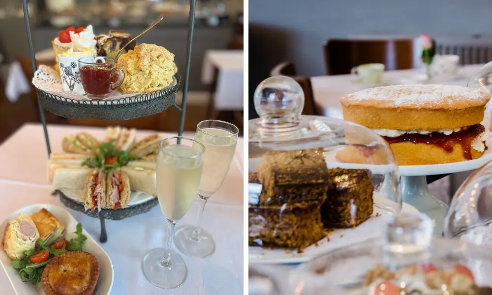afternoon tea stands and glasses of fizz (left); Victoria sponge cake (right)