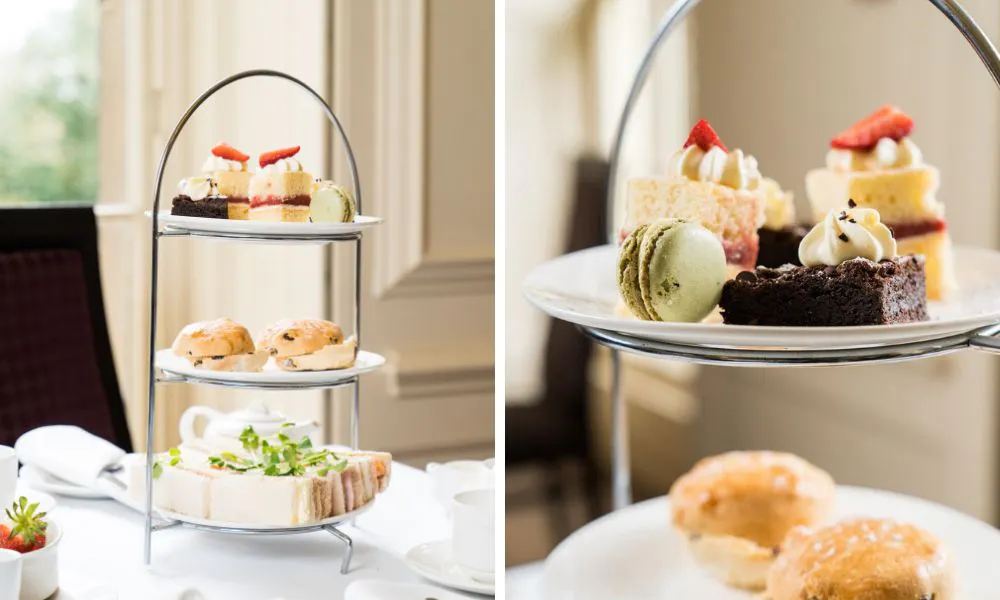 three-tiered stands of cakes, scones and sandwiches for afternoon tea