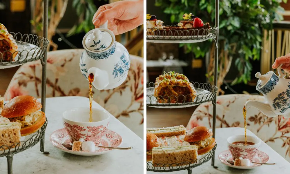 someone pouring cups of tea next to afternoon tea cake stands