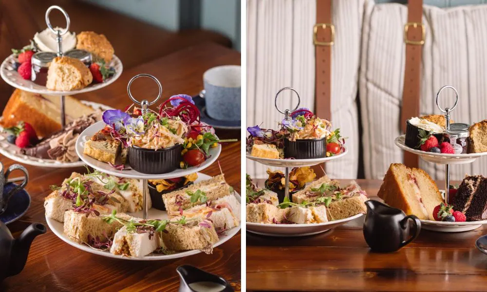afternoon tea stands of cakes and sandwiches