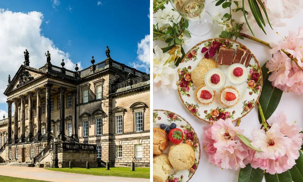 exterior shot of wentworth woodhouse and aftrernoon tea with flowers