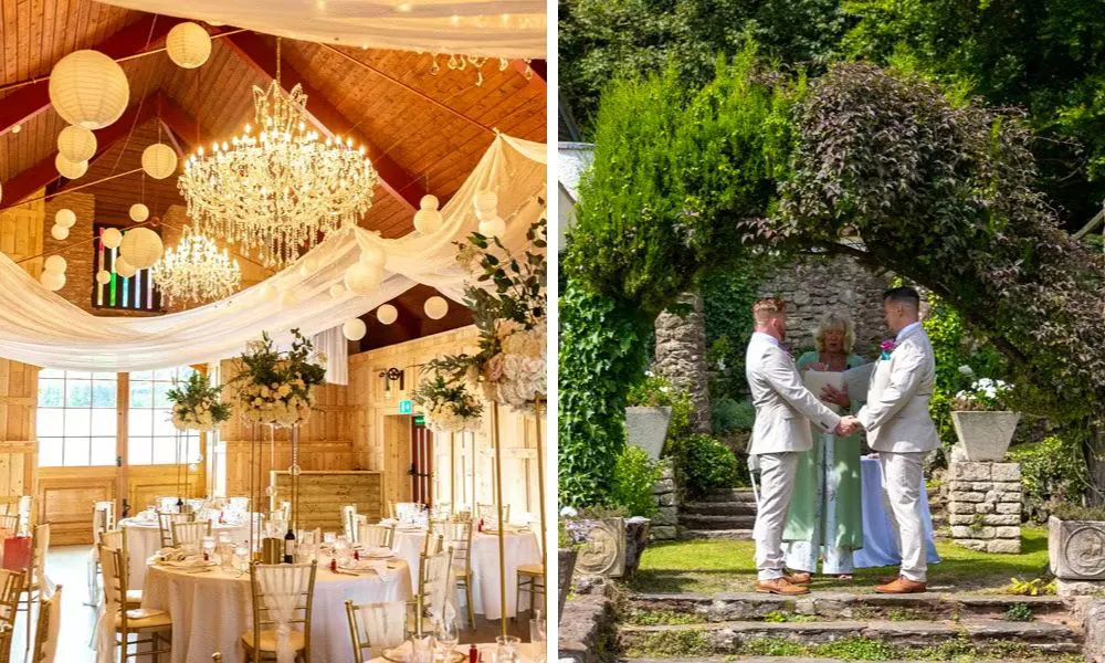 idyllic barn set up for a wedding and a couple getting married under a stone arch