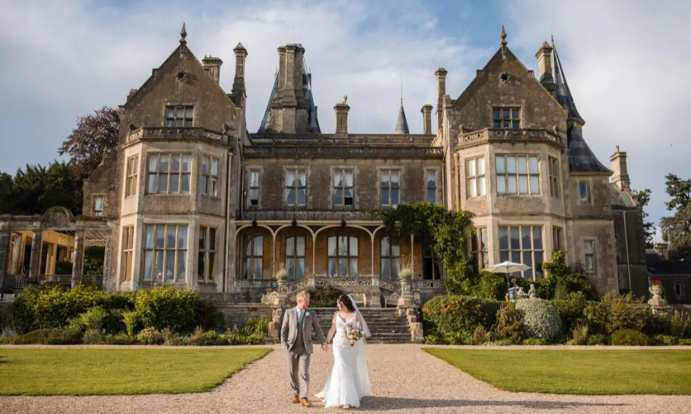 a bride and groom outside Orchardleigh Estate