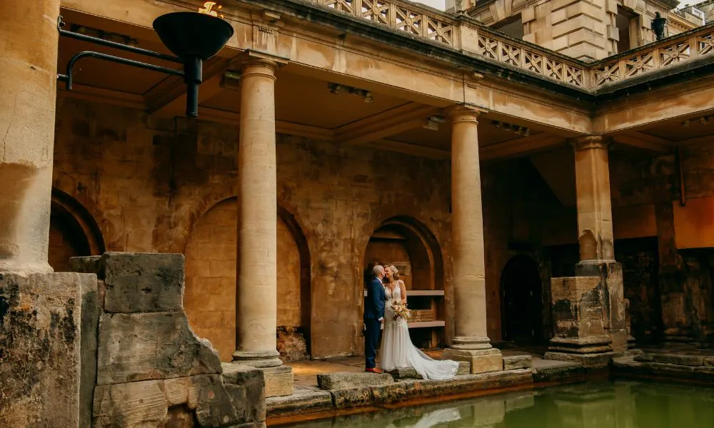 a bride and groom at the Roman Baths & Pump Room