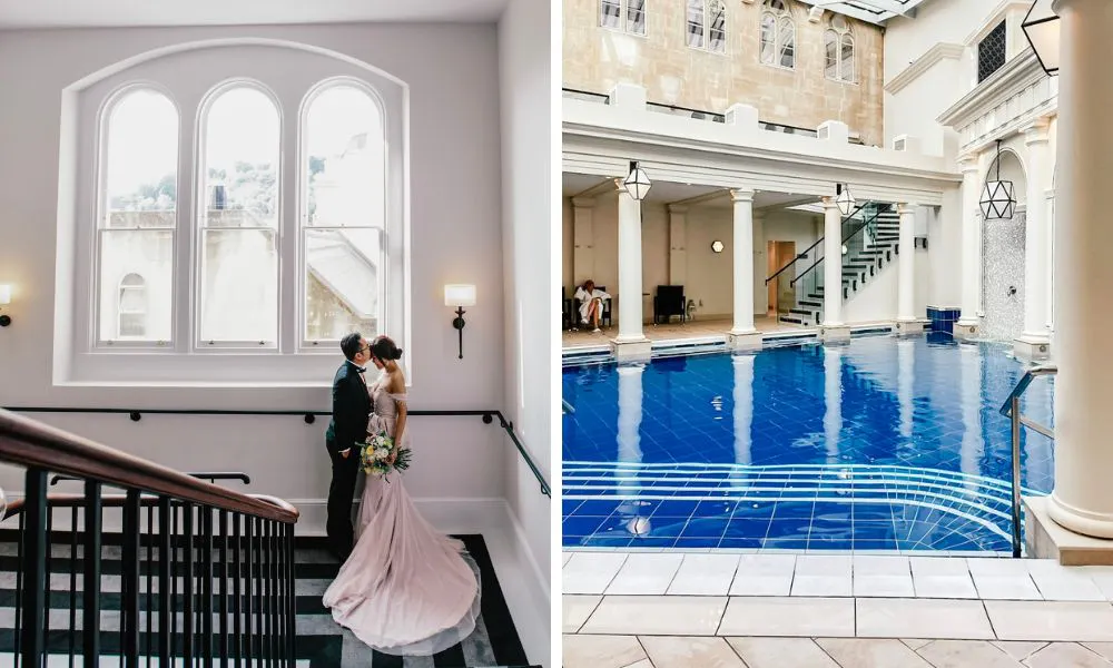 a bride and groom (left), the roman baths at The Gainsborough (right)