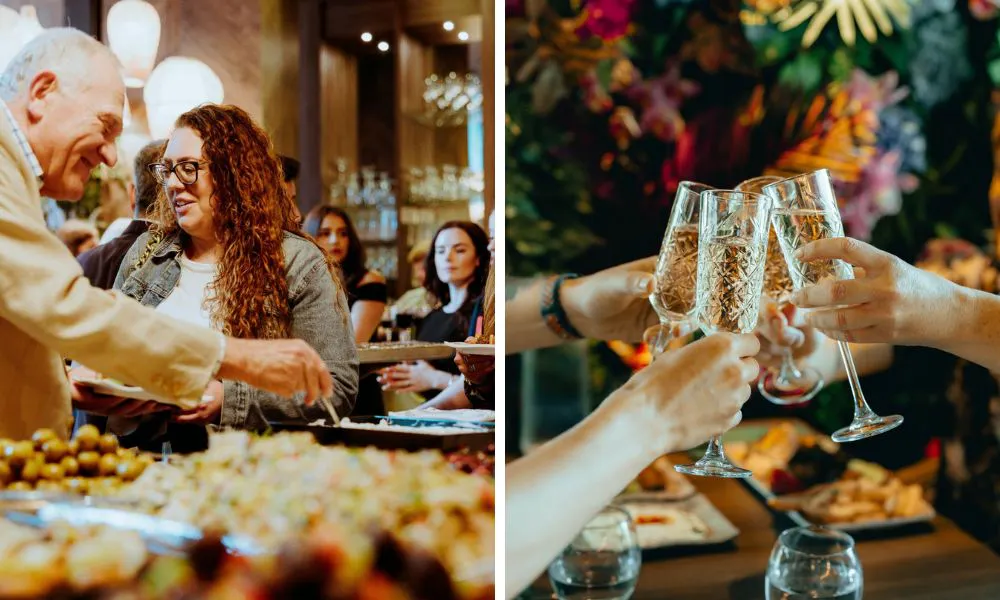 wedding guests dining from a buffet and champagne flutes at a celebration