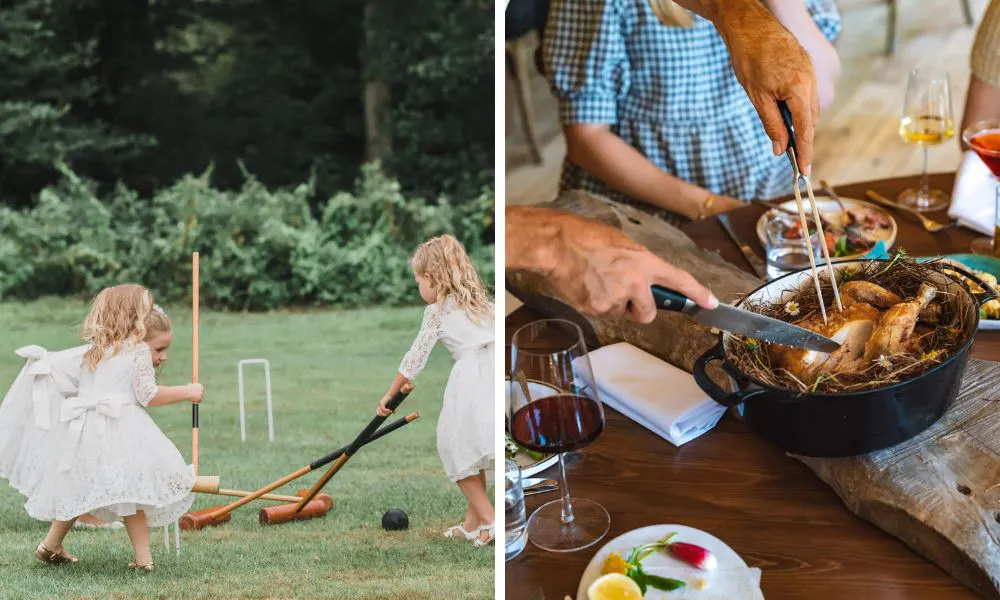 kids playing polo at a wedding and roast chicken in hay