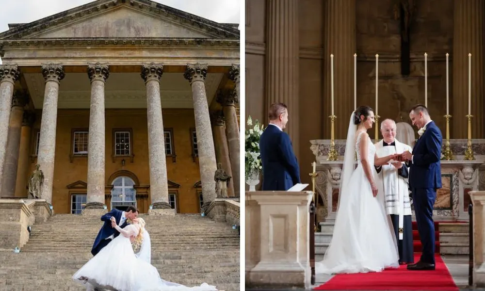 couple posing on stairs and couple getting married