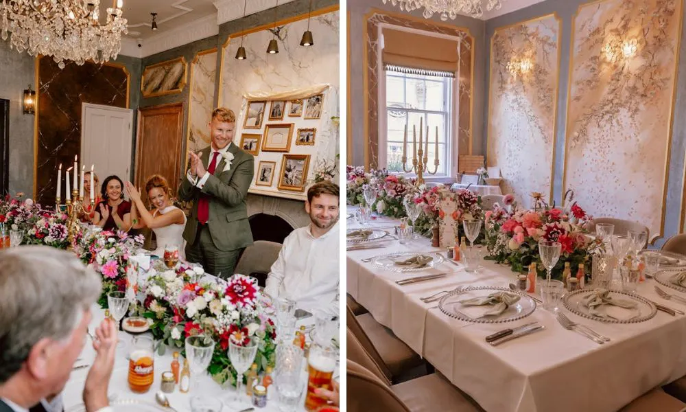 wedding party around a dining table and floral arrangements
