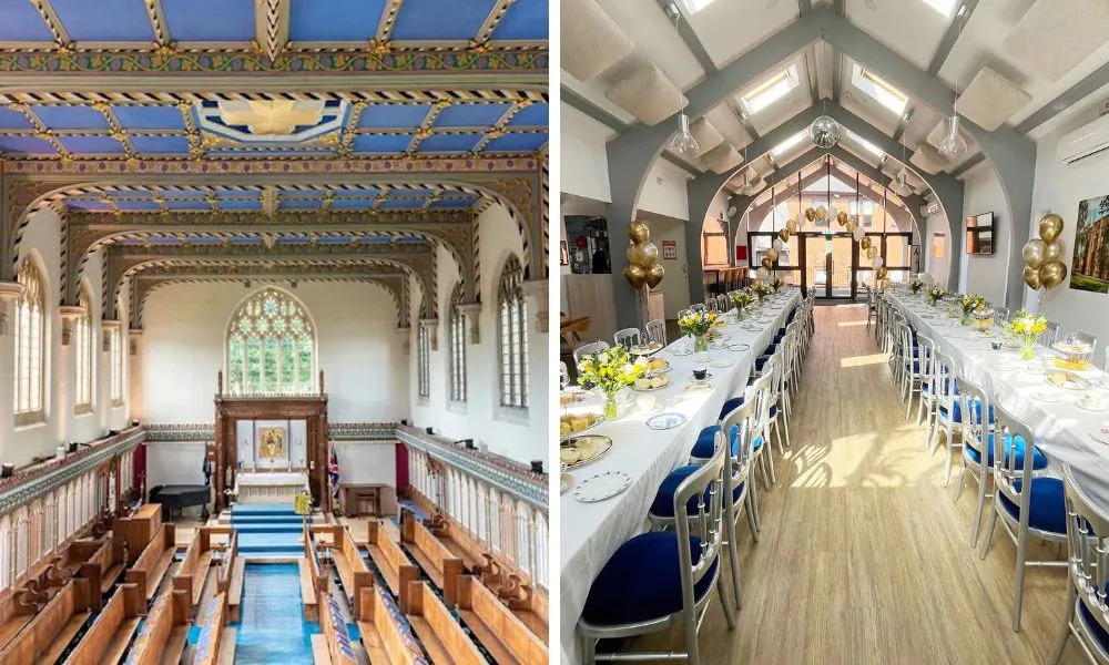 chapel with pews and blue floor and wedding tables