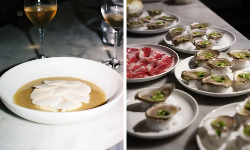 right bowl of soup, left plates of oysters and ham