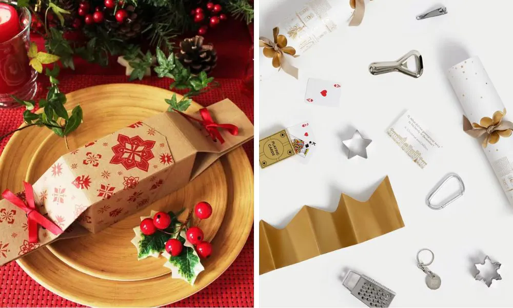 left, cuboid cracker on table, right metal cracker gifts